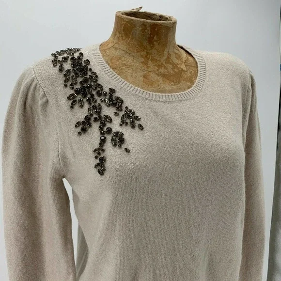 Loft Pullover Sweater Size Medium Tan Jeweled - Picture 3 of 8
